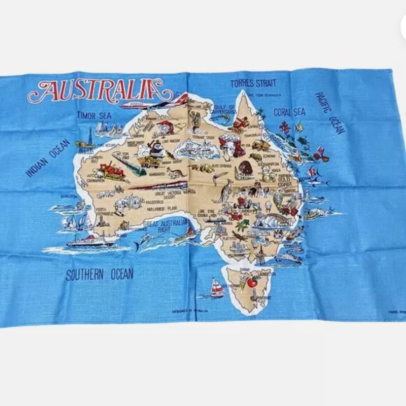 Vintage Australia Map Hand Printed Tea Towel Linen / Cotton 31x18.5 inches - Picture 1 of 7